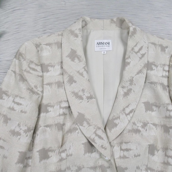 ARMANI COLLEZIONI Textured Jacquard Button Front Blazer Eggshell & Taupe Size 10 - Picture 7 of 11